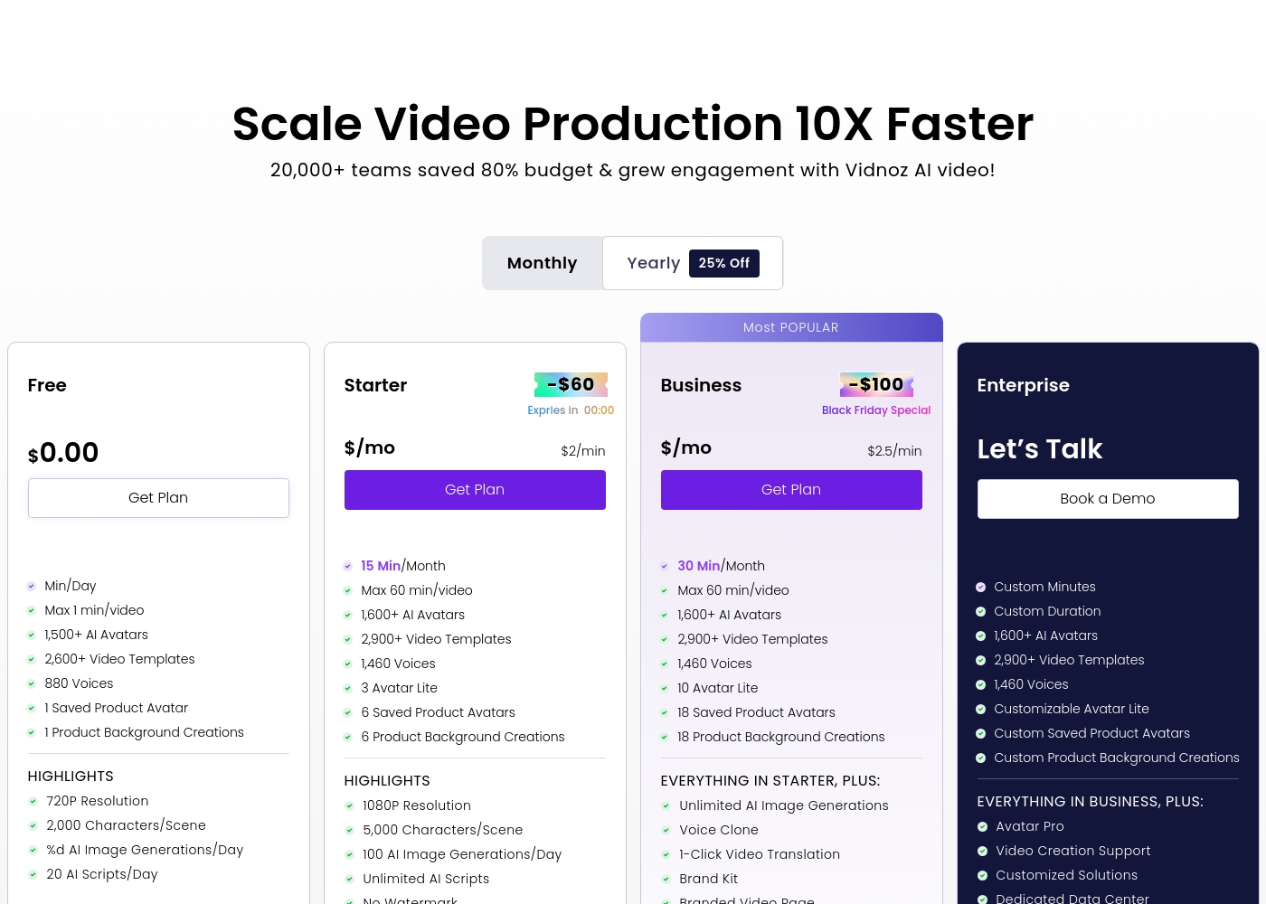 Vidnoz pricing screenshot