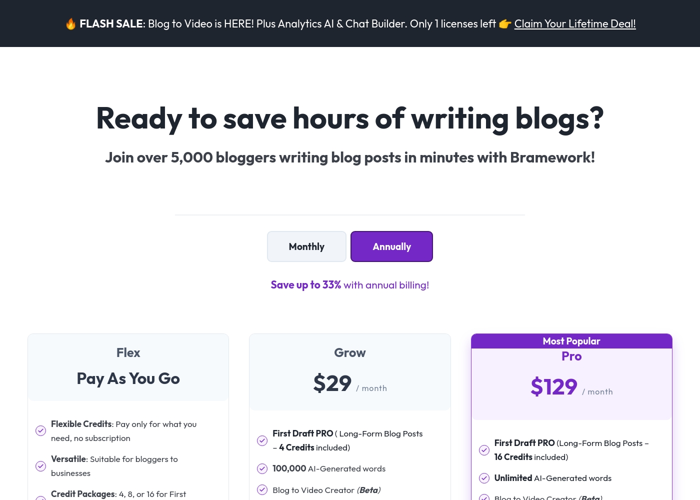 Bramework pricing screenshot
