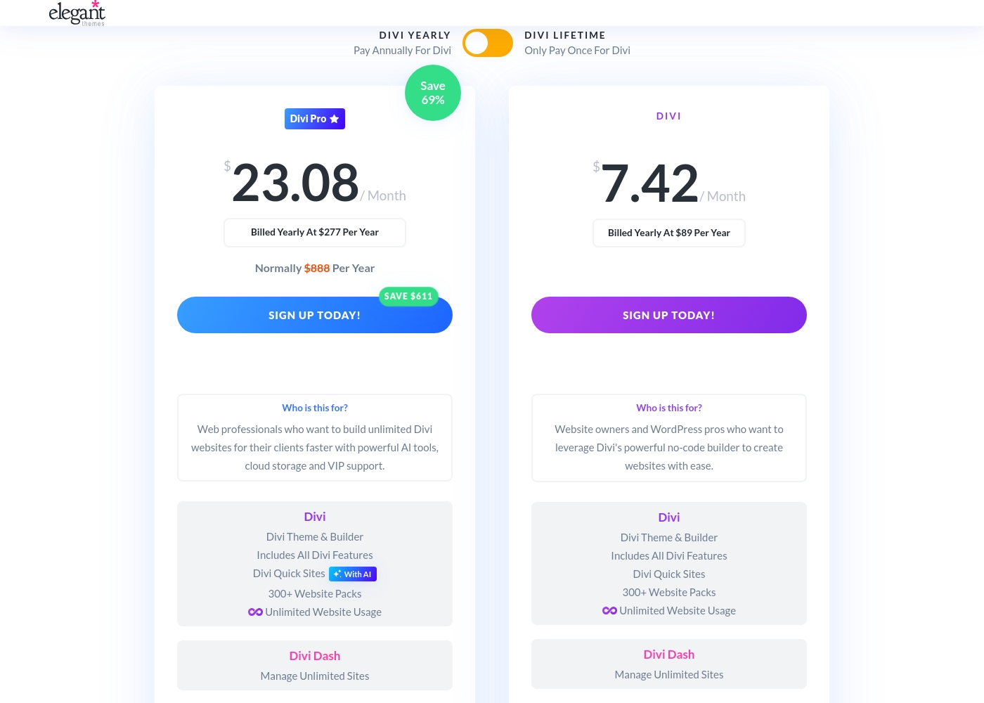 Divi pricing screenshot