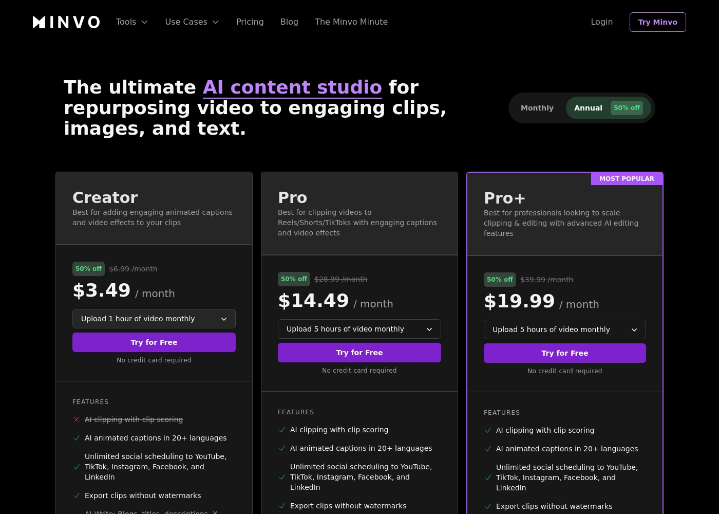 Minvo pricing screenshot