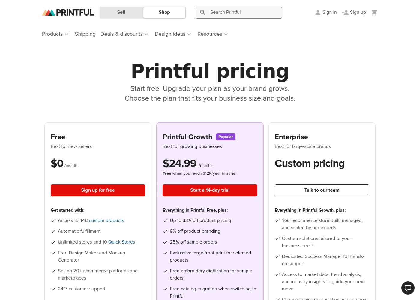 Printful pricing screenshot