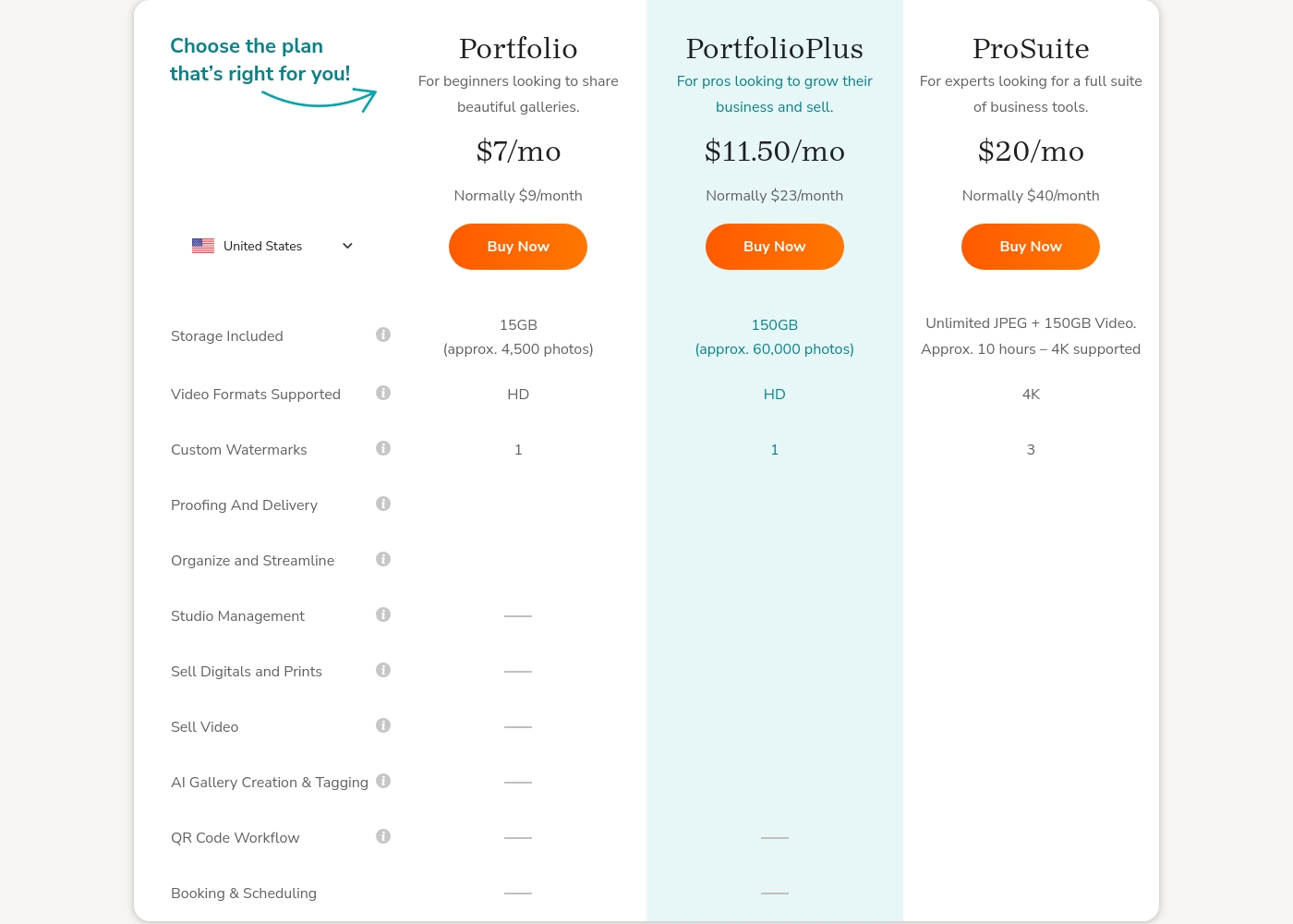 Zenfolio pricing screenshot