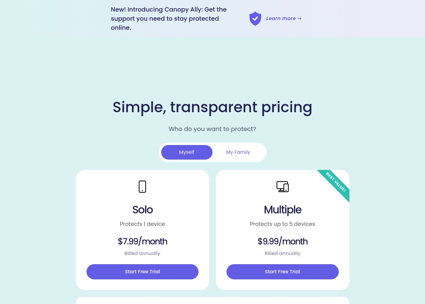 Canopy pricing screenshot